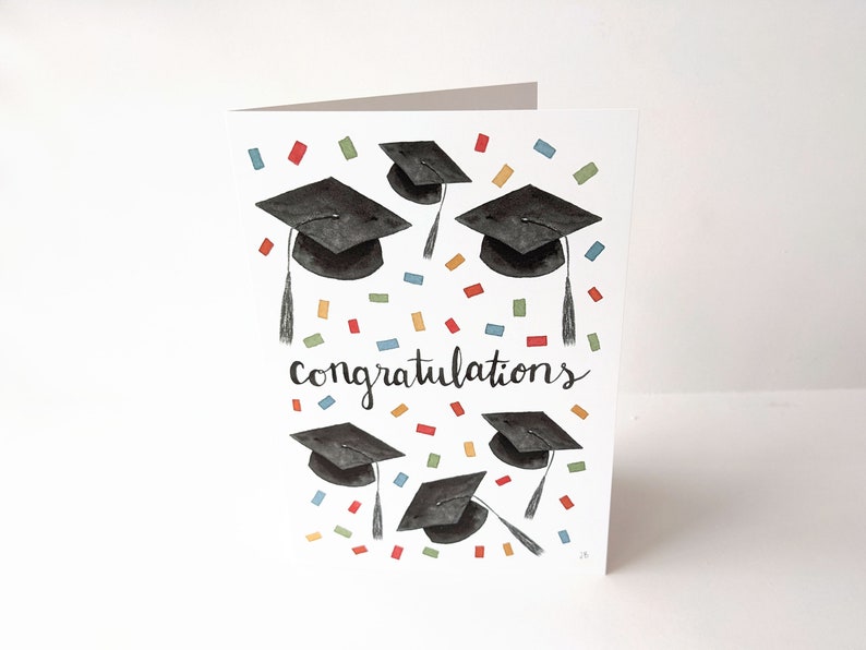 Graduation Card for Graduate Congratulations Confetti Watercolor Card For College Grad Card For High School Graduation Caps Card image 6