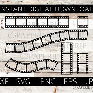 May include: Black film strip digital download with various shapes and sizes. The image includes the text "INSTANT DIGITAL DOWNLOAD" and file type options: DXF, SVG, PNG, EPS, and JPG. The background is a light wood texture.