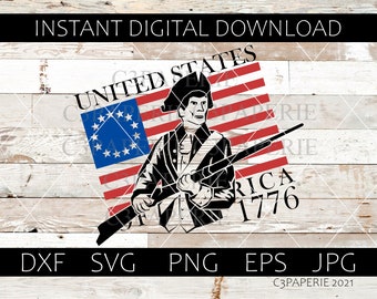 American Patriot Svg, 4th of July Eps, United States Flag, Militia Man, Independence Day, Patriot with Musket, Since 1776, Commercial Use