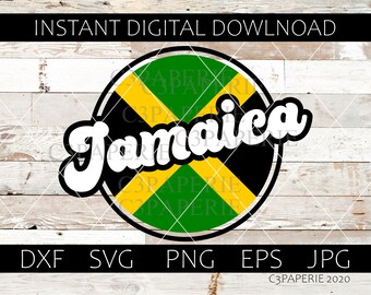 May include: A white circle with a black outline contains the Jamaican flag colours of green, yellow, and black. The word "Jamaica" is written in white cursive letters over the flag.