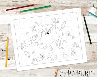 Unicorn Coloring Page, Digital Download, with Sparkles and Diamonds, Kids Coloring Page, Princess Party Page
