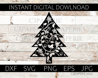 Christmas Tree Svg, Cuttable Holiday, Printable Cutout, Holiday Swirl, Leafy Tree, Cut File, Vector Clip Art, Digital Download, Instant Art