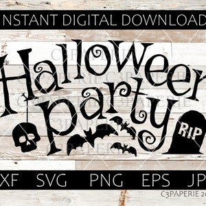 Halloween Party Svg, Cut File Graphic, Spooky Party, Bat Flying, Hangende Schedel, Party Uitnodiging, Commercieel gebruik, Clip Art Vector