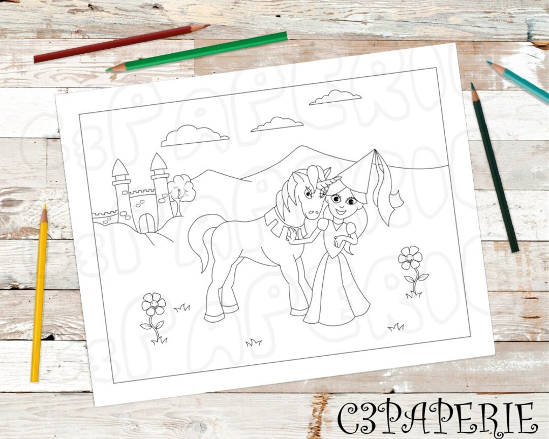 Unicorn Princess Coloring Page, Digital Download, Princess With Castle