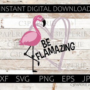 May include: Pink flamingo with one leg bent, standing in front of a white heart with the text "Be Flamazing" inside. The background is a white woodgrain pattern.