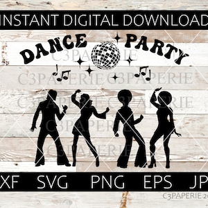 Tanzparty Svg, Disco Ball, Party Ankündigung, Silhouette der Menschen tanzend, Musikparty, 1970er Jahre, Digitaler Download