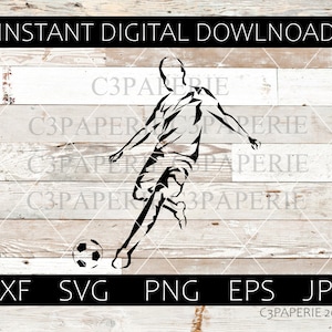May include: Black and white digital illustration of a soccer player kicking a soccer ball. The image includes the text "INSTANT DIGITAL DOWLNOAD" and file type options: DXF, SVG, PNG, EPS, and JPG. The background is a light wood texture.
