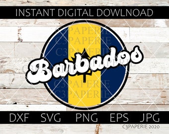 May include: A blue and yellow circle with the flag of Barbados inside. The word "Barbados" is written in a white, retro font around the circle. The text "INSTANT DIGITAL DOWNLOAD" is at the top of the image. The text "DXF SVG PNG EPS JPG" is at the bottom of the image. The text "C3PAPERIE 2020" is at the bottom right of the image.