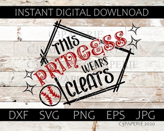 May include: A black and red baseball-themed design with the text "This Princess Wears Cleats" in a white woodgrain background.