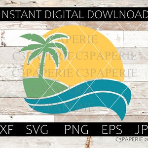 Sunset Svg, Palm Tree Eps, Beach Dxf, Island Paradise, Caribbean, Cut file for Cricut, Silhouette, Vector Clip Art, Tropical Png Jpg