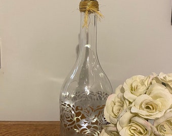 Gold rose stencil light up wine bottle / table decoration / table centrepiece