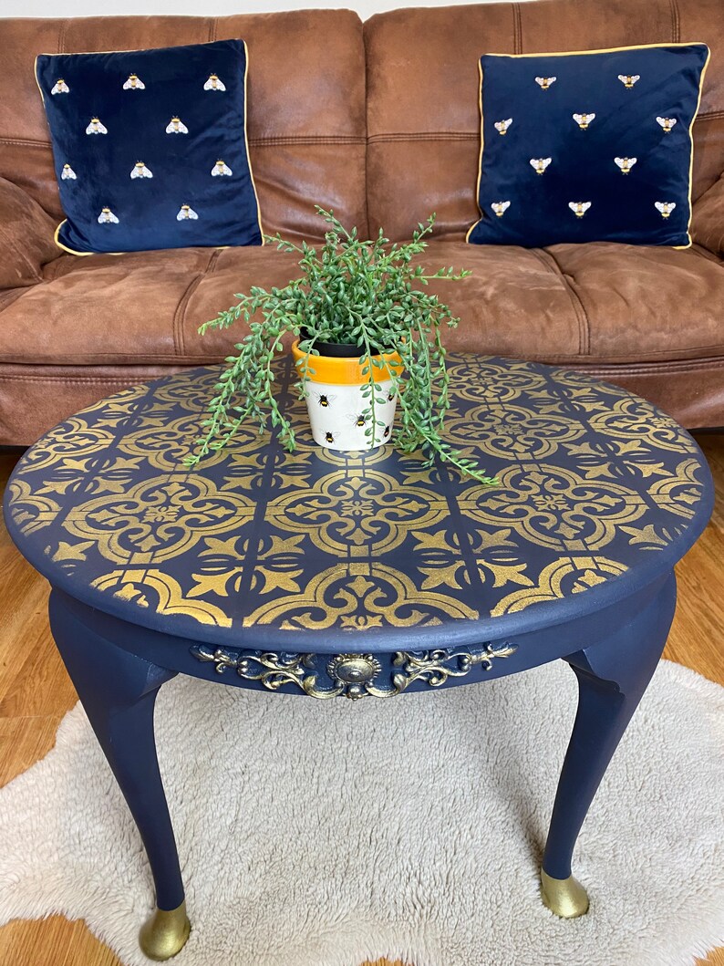 Vintage Blue Painted Round Coffee Table With Gold Stencil Etsy