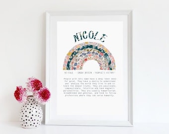 Name meaning print,  Personalised rainbow art, liberty of London, newborn gift, nursery decor, Christmas gift for kids, for girls,