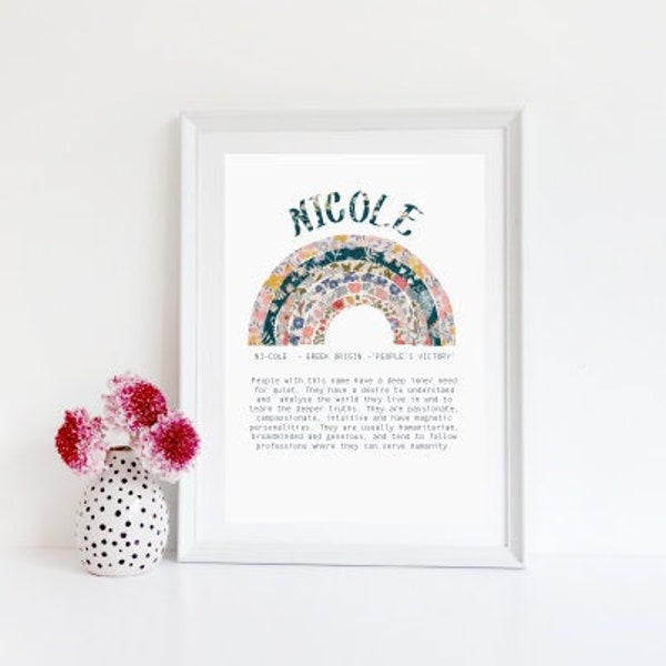 Name meaning print,  Personalised rainbow art, liberty of London, newborn gift, nursery decor, Christmas gift for kids, for girls,