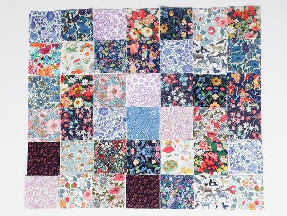 40 liberty quilting squares, blue and purple liberty fabric square,  patchwork squares, 2.5 inch fabric squares, quilting, charm squares