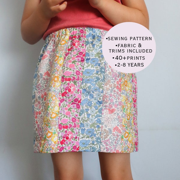 patchwork skirt sewing pattern includes fabric, sewing pattern kit, sew your own, liberty london skirt, girls skirt pattern, easy kids