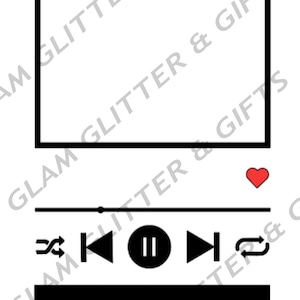 May include: Black and white graphic of a music player with a blank white space for a song title, a play button, a pause button, a rewind button, a fast forward button, a shuffle button, and a repeat button. A red heart icon is in the top right corner.