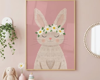 Bunny Nursery Wall Art Print, Daisy Flower Crown Rabbit, Pink Baby Girl Room Decor, Woodland Kids Room Poster, Unframed Print