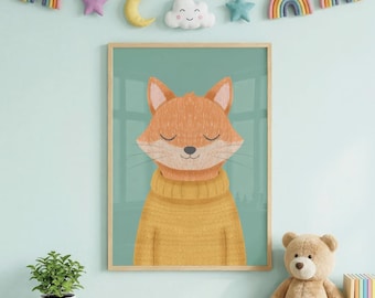 Fox Nursery Wall Art Print, Woodland Animal Decor, Sage Green Nursery Poster, Unframed Baby Room Art Print, Giclée Nursery Decor