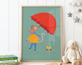 Storybook Mouse Print, Whimsical Animal Wall Art, Yellow Sweater, Red Umbrella, Nursery Wall Art Print, Woodland Decor, Baby Room (Unframed)