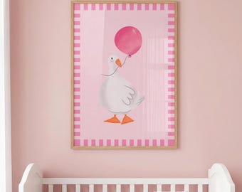 Goose Nursery Wall Art Print, Pink Balloon Animal Poster, Cute Goose Illustration, Baby Girl Nursery Decor, Whimsical Kids Room Wall Art