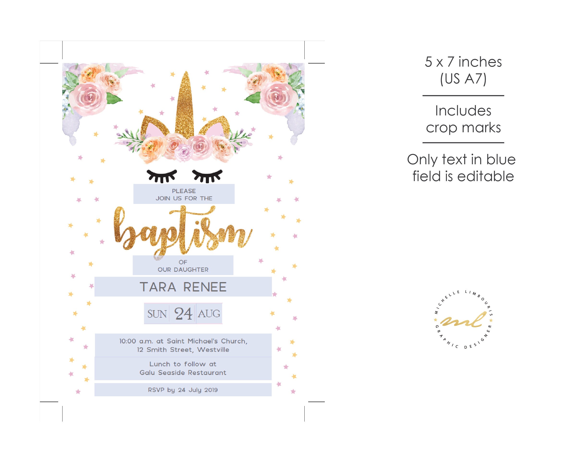 Baby girl unicorn baptism christening invitation with unicorn Etsy