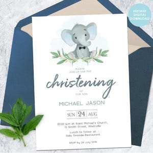 Faire-part de baptême pour bébé garçon, faire-part numérique modifiable, éléphant aquarelle, invitation baby shower mignonne, carte de baptême pour garçon