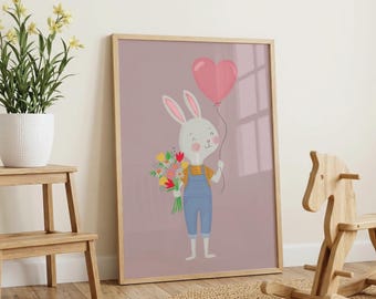 Bunny Nursery Wall Art Print, Rabbit with Heart Balloon, Pink Baby Room Decor, Whimsical Kids Room Poster, Unframed Print