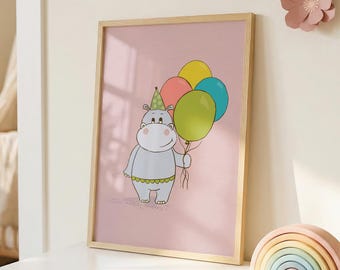Hippo Nursery Wall Art Print, Cute Animal Birthday Decor, Baby Room Wall Art, Kids Room Print, Whimsical Nursery Decor, Balloon Art