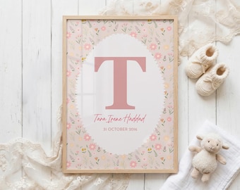 Personalised Name Nursery Print, Custom Initial Wall Art, Baby Name Print, Floral Monogram Poster, New Baby Gift, Girls Room Decor