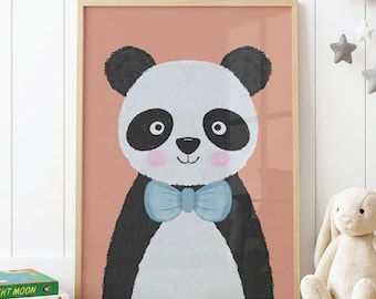 Panda Nursery Wall Art Print, Cute Animal Baby Room Decor, Woodland Nursery Poster, Blush Pink Kids Room Print, Unframed Physical Poster