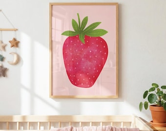 Strawberry Nursery Wall Art Print, Cute Fruit Kids Room Decor, Red Botanical Poster for Baby Girl Nursery, Playroom Wall Decor, Unframed
