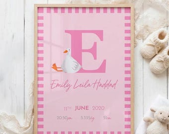 Personalised Baby Birth Stats Print, Custom Name Nursery Wall Art, Goose Initial Poster, New Baby Gift, Girl Nursery Decor