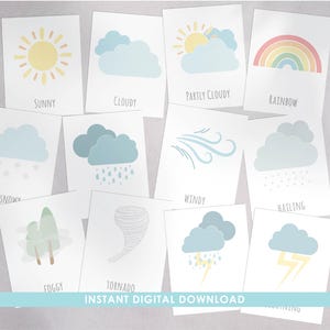 Tarjetas didácticas sobre el clima, tarjetas didácticas Montessori imprimibles, tarjetas didácticas educativas, tarjetas didácticas para la educación en el hogar, imprimibles para preescolares, rellenos para calcetines