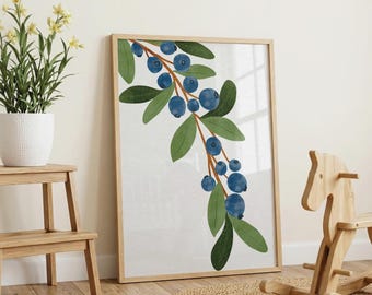 Blueberry Botanical Wall Art Print, Nursery Wall Decor, Blue Fruit Poster for Kids Room, Minimal Botanical Art, Playroom Decor, Unframed