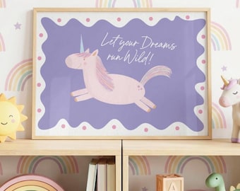 Unicorn Nursery Wall Art Print, Let Your Dreams Run Wild, Girls Room Decor, Kids Wall Art, Whimsical Unicorn Poster, Baby Girl Gift