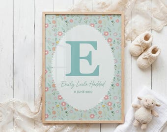 Personalised Name Nursery Print, Custom Initial Wall Art, Baby Name Print, Floral Monogram Poster, New Baby Gift, Girls Room Decor