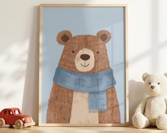 Bear Nursery Wall Art Print, Woodland Animal Decor, Blue Kids Room Poster, Unframed Nursery Print, Storybook Baby Room Art