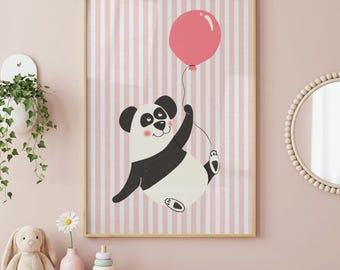 Panda Nursery Wall Art Print, Pink Balloon Kids Room Decor, Cute Animal Poster for Baby Girl Nursery, Playroom Wall Decor