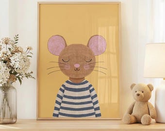 Mouse Nursery Wall Art Print, Woodland Animal Decor, Mustard Kids Room Poster, Unframed Vertical Nursery Print