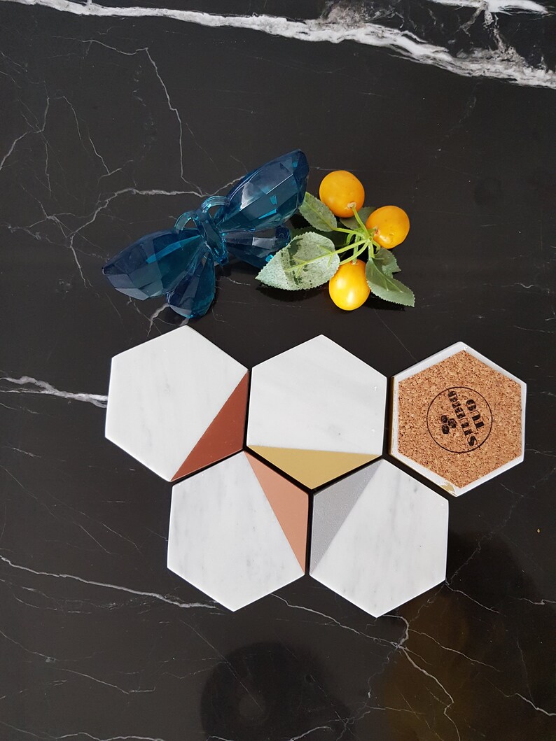 Carrara Marble. Gold Painted. Hexagon Coasters. White Marble Etsy