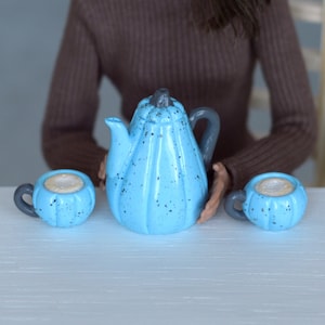 1:6 miniature coffee set for dolls, set of clay coffee pot and 2 cups, miniature cappuccino set for dolls, Halloween miniatures for dolls