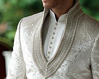 Men's Suit Bridal Wear Jacquard Silk Hand Work Sherwani Off White Color