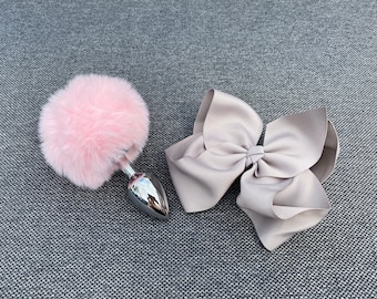 Baby Pink Faux fur bunny tail Butt Plug with changeable extra large grey bow and diamante keepsake bag. No 1