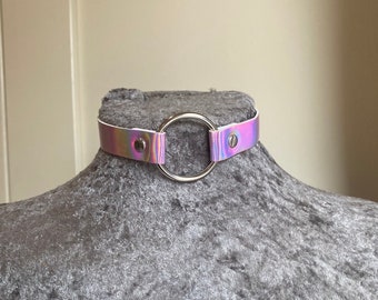 Dominatrix collar, fetish bondage,holographic pink thin choker with ring