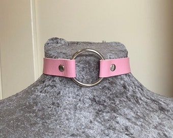 Dominatrix collar, fetish bondage, pink thin choker with ring