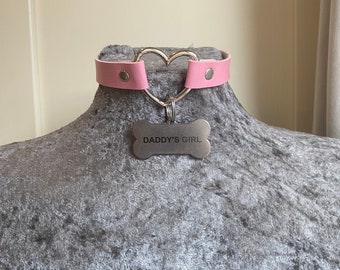 Pink Faux leather heart collar choker with puppy tag