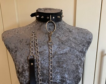 Dominatrix spike collar and d ring, faux leather choker black and leash