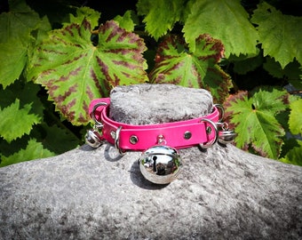 Bell pet play collar, rose pink faux leather