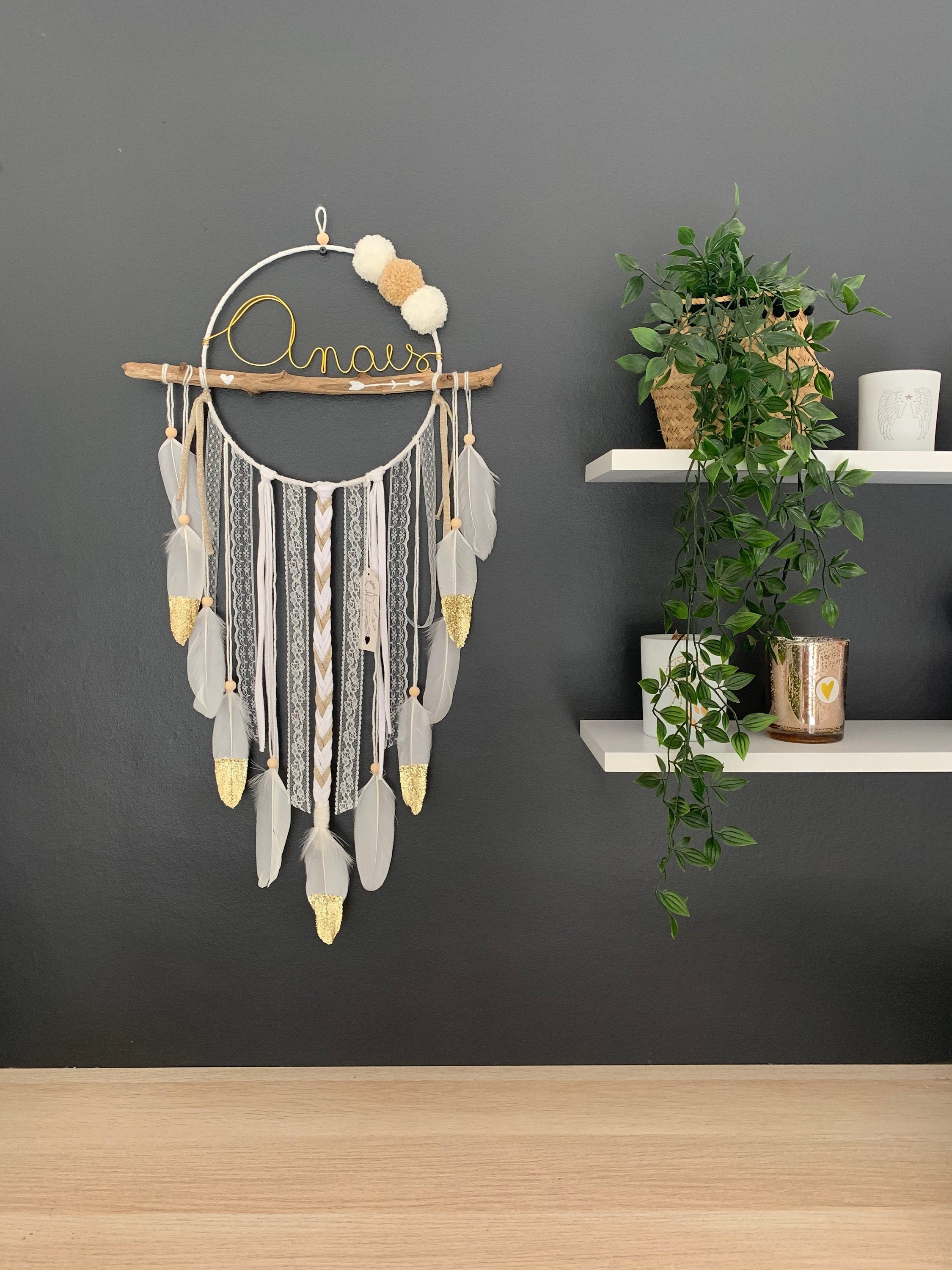 Grand Attrape Rêves Prénom Blanc et Doré
